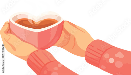 A cozy flat illustration shows two hands in pink sleeves gently holding a steaming heart-shaped cup filled with hot tea against