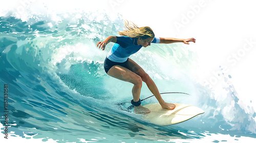 Dynamic digital illustration capturing a skilled female surfer expertly riding inside a large, barreling ocean wave with vivid light effects