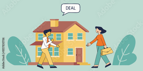 Real estate agent and buyer making a deal in front of a house