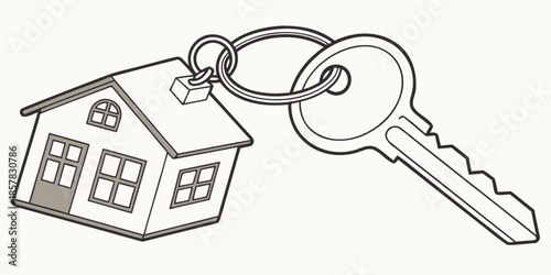 House key with house shaped keychain line art illustration