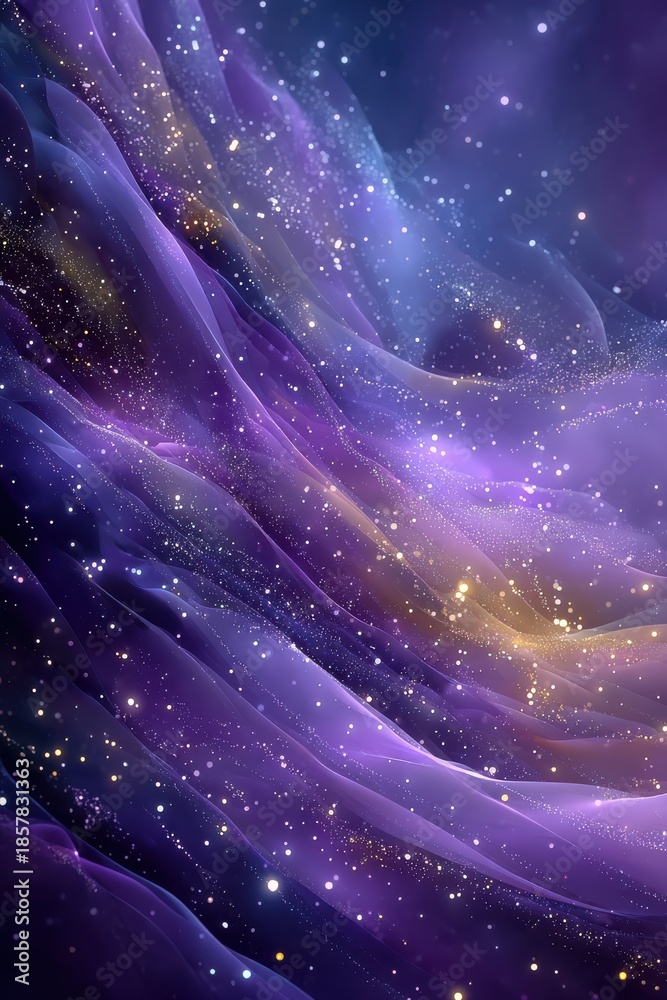 Fototapeta premium Abstract purple light waves with sparkling particles create a dreamy cosmic background for design projects