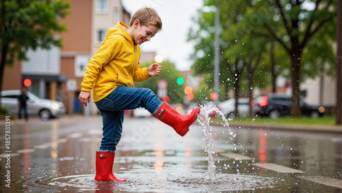 Young boy kicking puddle splash in yellow raincoat on street  