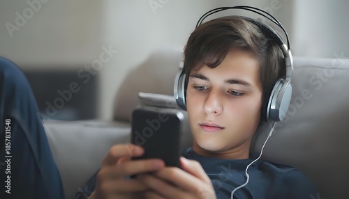 a teenager with headphones using a mobile phone while lying on a sofa, low angle. Informal art.