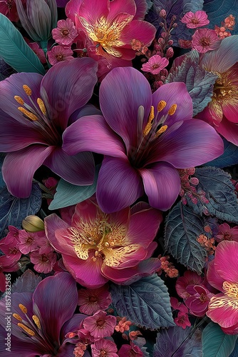 Rich purple flowers bloom among dark leaves in a vibrant, dramatic floral pattern