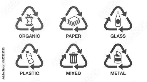 Recycling Icons Set. Waste sorting symbols for Organic, Paper, Glass, Plastic, Mixed, Metal. Black vector illustration. isolated PNG with Transparent Background