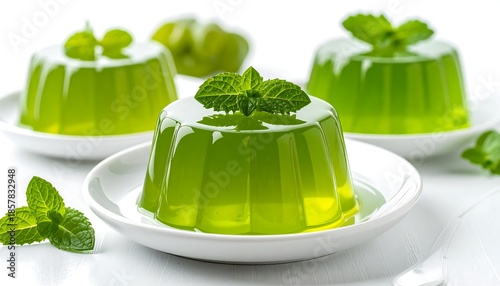 Bright green gelatin desserts with fresh mint garnish, served on white plates, a refreshing sweet treat.