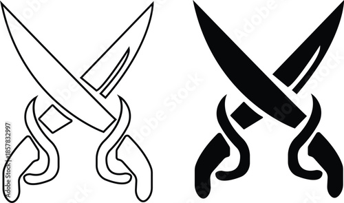 Black sword icon set in flat and line style, crossed blade weapon silhouette featuring medieval combat symbols and fantasy warfare graphic minimal monochrome arms vector pack with synonym elements
