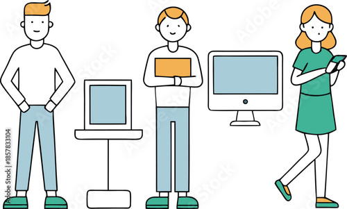 Cartoon illustration of a doctor, nurse, and patient using computers and mobile devices for online medical communication in an office setting