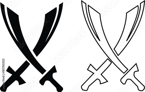 Black sword icon set in flat and line style, crossed blade weapon silhouette featuring medieval combat symbols and fantasy warfare graphic minimal monochrome arms vector pack with synonym elements