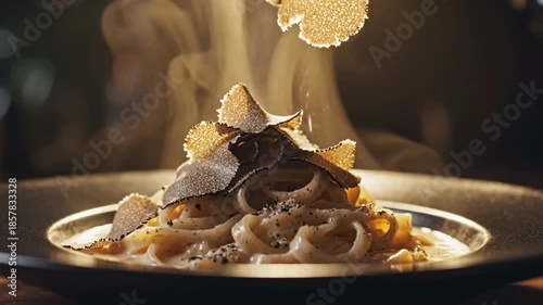 Exquisite culinary masterpiece - A close-up of gourmet pasta dish with truffle shavings.