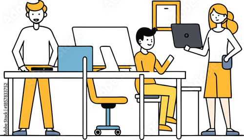 Cartoon illustration of a waiter holding a tray with wine standing in a modern office workspace with people working at desks and computers