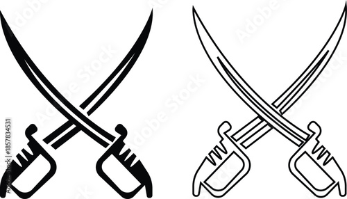 Black sword icon set in flat and line style, crossed blade weapon silhouette featuring medieval combat symbols and fantasy warfare graphic minimal monochrome arms vector pack with synonym elements