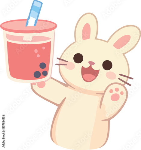 A cheerful kawaii-style bunny happily holds up a pink bubble tea drink, smiling with excitement against a clean