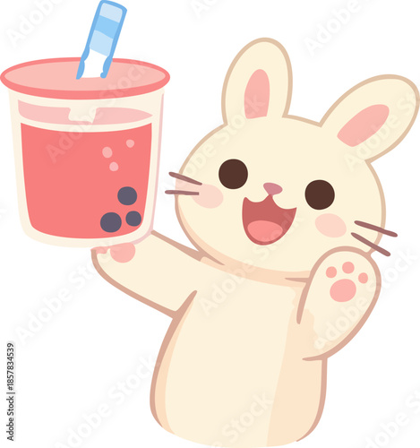 A cheerful kawaii-style bunny happily holds up a pink bubble tea drink, smiling with excitement against a clean