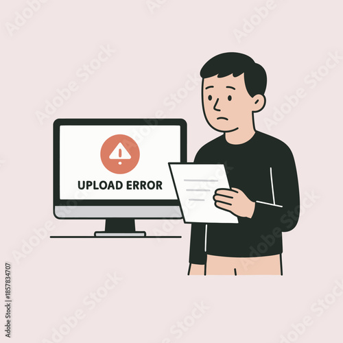 Digital Frustration: A man stares in dismay at a computer screen displaying an upload error, paper in hand.