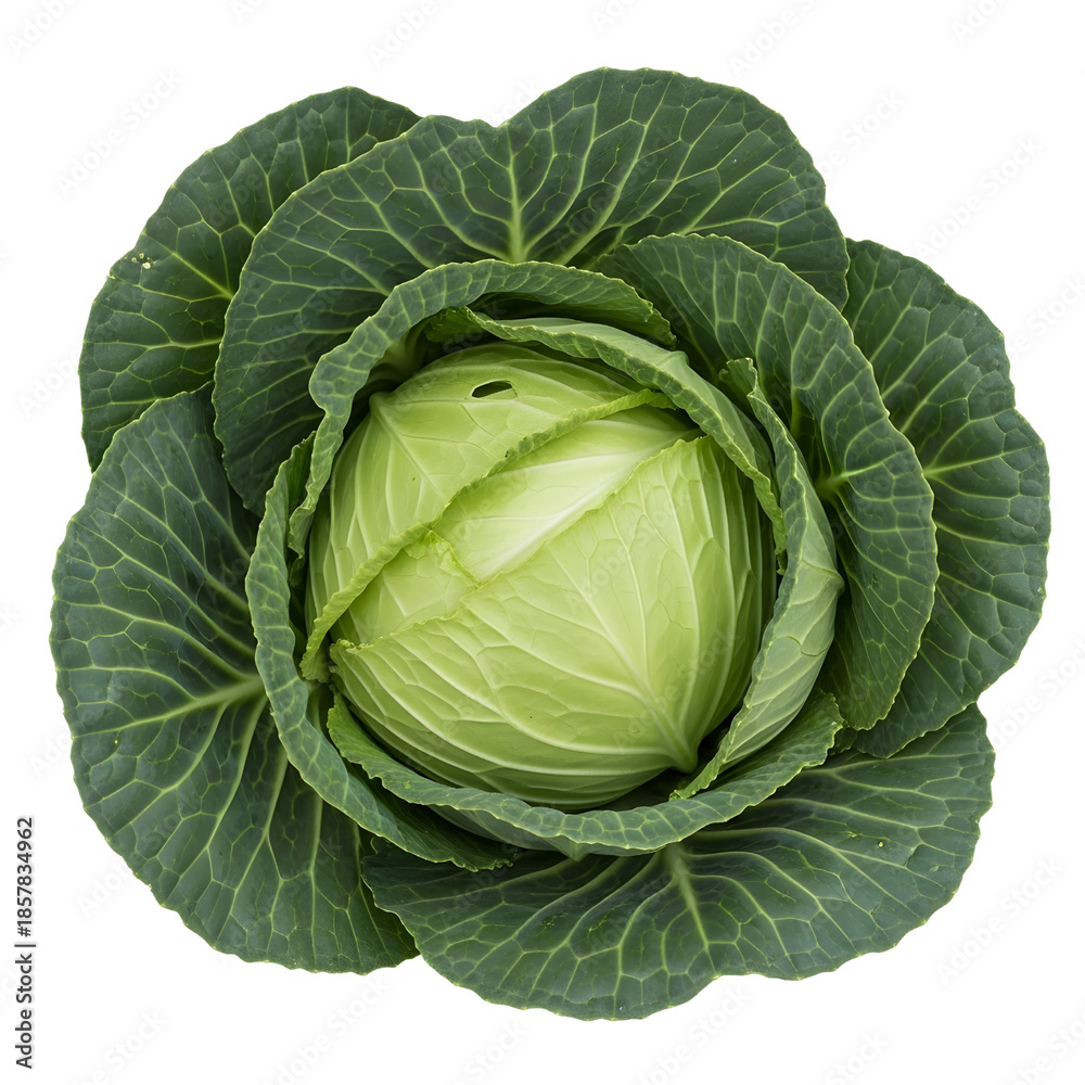 Obraz premium Vibrant fresh green cabbage vegetable top view showing tightly packed leaves forming round head isolated on transparent canvas for design work