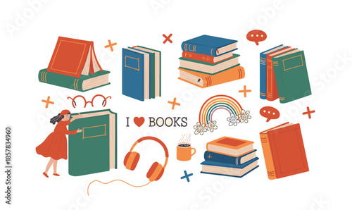 Collection of Books and Reading Accessories Illustration, Vector illustration.