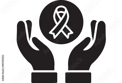 Silhouette hands cupping a circular awareness ribbon icon (black and white vector)