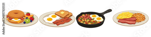 Set of  Bacon and eggs combo Flat Vector Illustration on Transparent Background