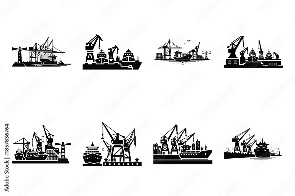 Fototapeta premium harbor port icon silhouette set