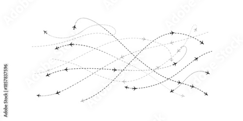 Flight path designs illustrating airplane tracking routes with dynamic dotted lines for travel maps and aviation concepts PNG
