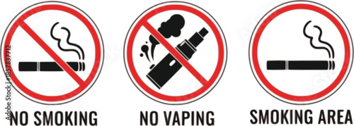 Vector set of no smoking, no vaping and smoking area sign set
