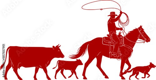 A vector silhouette of a working ranch cowboy riding a horse . The cowboy is holding a lasso rope and herding a cow and young calf. His cow dog follows closely behind 
