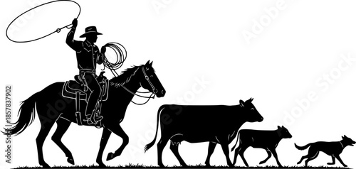 A vector silhouette of a working ranch cowboy riding a horse . The cowboy is holding a lasso rope and herding a cow and young calf. His cow dog follows closely behind 