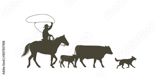 A vector silhouette of a working ranch cowboy riding a horse . The cowboy is holding a lasso rope and herding a cow and young calf. His cow dog follows closely behind 