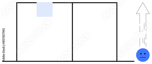 Emotions, progress, decision-making, problem-solving, direction, abstract concepts. A sad face next to a vertical arrow, two divided rectangles. Emotions and progress concept transformative ideas