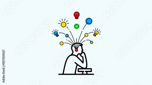 Creative Businessperson Illustration with Lightbulbs and Ideas Concept, Modern Line Art for Innovation and Problem Solving
