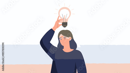 Creative Female Thinker Holding a Lightbulb Over Head Symbolizing Ideas and Innovation, Minimalist Illustration for Inspirational Business and Brainstorming Themes