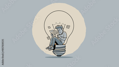 Creative Young Man Thinking Inside a Lightbulb with Floating Papers, Illustrating Innovation and Brainstorming for Business or Educational Concepts