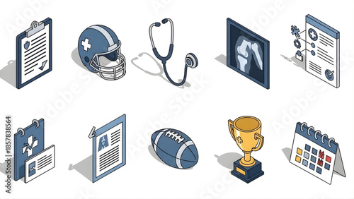Isometric vector icons representing sports medicine, athlete healthcare, injury diagnosis, treatment, and athletic performance management tools and concepts