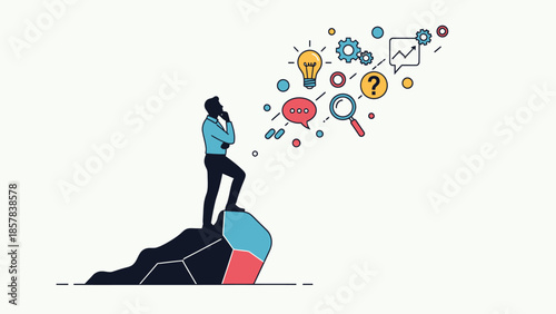 Innovative Business Thinking and Problem Solving Concept with a Man Reflecting Amid Insightful Symbols and Creative Ideas