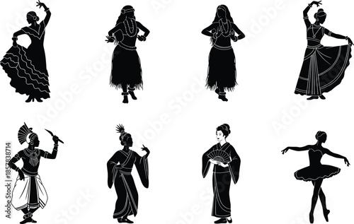 Traditional dance silhouette, global cultural dancers, black and white illustration, Flamenco, Hula, Bharatanatyam, Kathakali, ballet, Japanese, Chinese, Southeast Asian