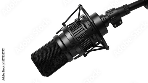 Detailed close up of a professional black condenser microphone mounted in a shock mount