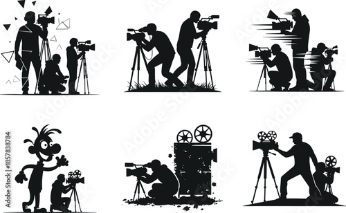 Video camera operator silhouette, black and white filming scene, tripod setup, creative shoot, media production, teamwork, vintage, dynamic, artistic