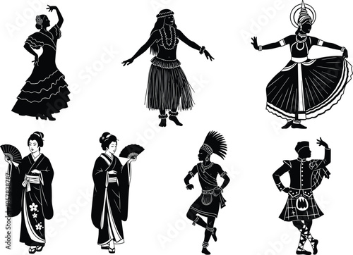 Traditional dancer silhouette, global cultural dance illustration, black and white ethnic pose, Flamenco, Hula, Bharatanatyam, Japanese, Aztec, Scottish