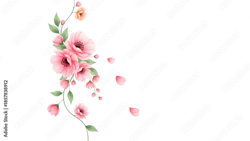 Fototapeta premium A delicate floral arrangement featuring pink roses and buds on a stem with green leaves against a solid black background