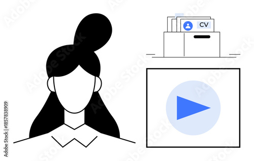 Recruitment concept. Recruitment involves reviewing CVs, candidate information, and video interviews for job selection. Recruitment processes help find the right talent. For HR, job platforms, career