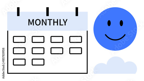 Monthly calendar. A clean monthly calendar with organized layout and positive theme ed by a happy face. Calendar aiding planning, scheduling, time efficiency, events, reminders