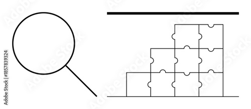 Analysis concept. Magnifying glass focusing on puzzle pieces analysis, problem-solving, and strategy planning. Analysis helps in understanding, discovering, and structuring. Ideal for business