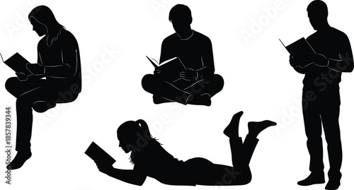 Black silhouettes of people reading books set, readers in different poses, sitting, standing, lying down, education, library, study, white background.