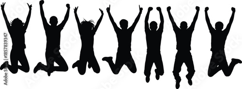 Black Silhouette Illustration of Seven People Jumping, Triumphant Figures Leaping with Raised Arms, Dynamic Human Motion, Success and Celebration Vector,
