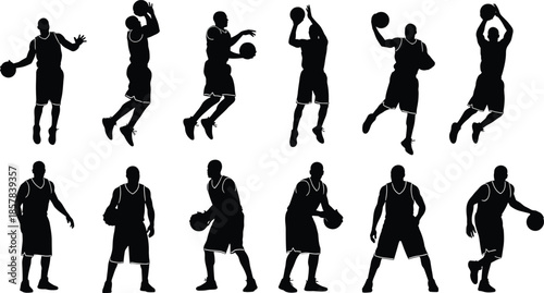 Black, and, white, basketball, player, silhouette, set, of, twelve, dynamic, poses, jumping, shooting, dribbling, dunking, athletes, sports, action, icons, collection