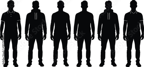 Black, and, white, silhouette, of, five, casual, people, standing, in, a, horizontal, line, for, team, group, community, social, gathering, and, staff