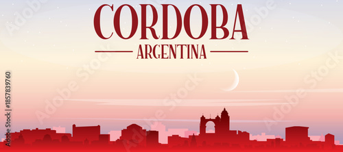 Red panoramic poster of the city skyline with misty background buildings, sunrise, moon and clouds of CORDOBA, ARGENTINA