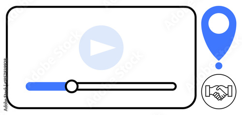 Video player concept. Video playback design content sharing and streaming. Video supports collaboration, location-based services, and connectivity. For tech, media, and communication