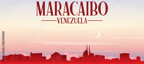 Red panoramic poster of the city skyline with misty background buildings, sunrise, moon and clouds of MARACAIBO, VENEZUELA